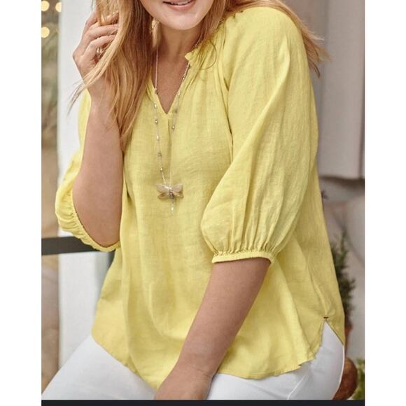 J.Jill Love Linen Sz XL Relaxed Peasant Top Yellow Lightweight Lagenlook Ruffle - Picture 1 of 11